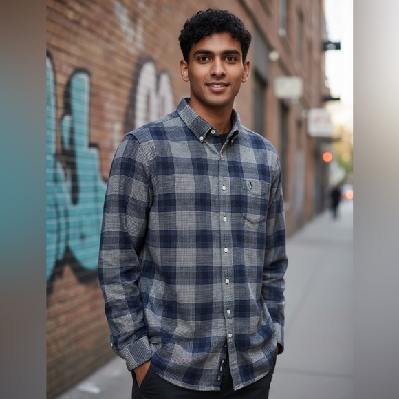 PENGUIN XXL Navy Blue White Plaid Flannel Button Down Shirt R $98 - Picture 10 of 10